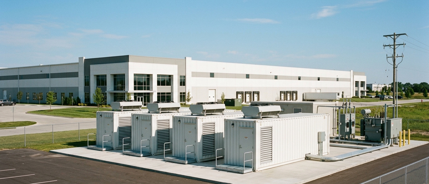 Containerized battery energy storage system commissioned on a concrete pad beside a redeveloped industrial building, with technicians inspecting the battery racks