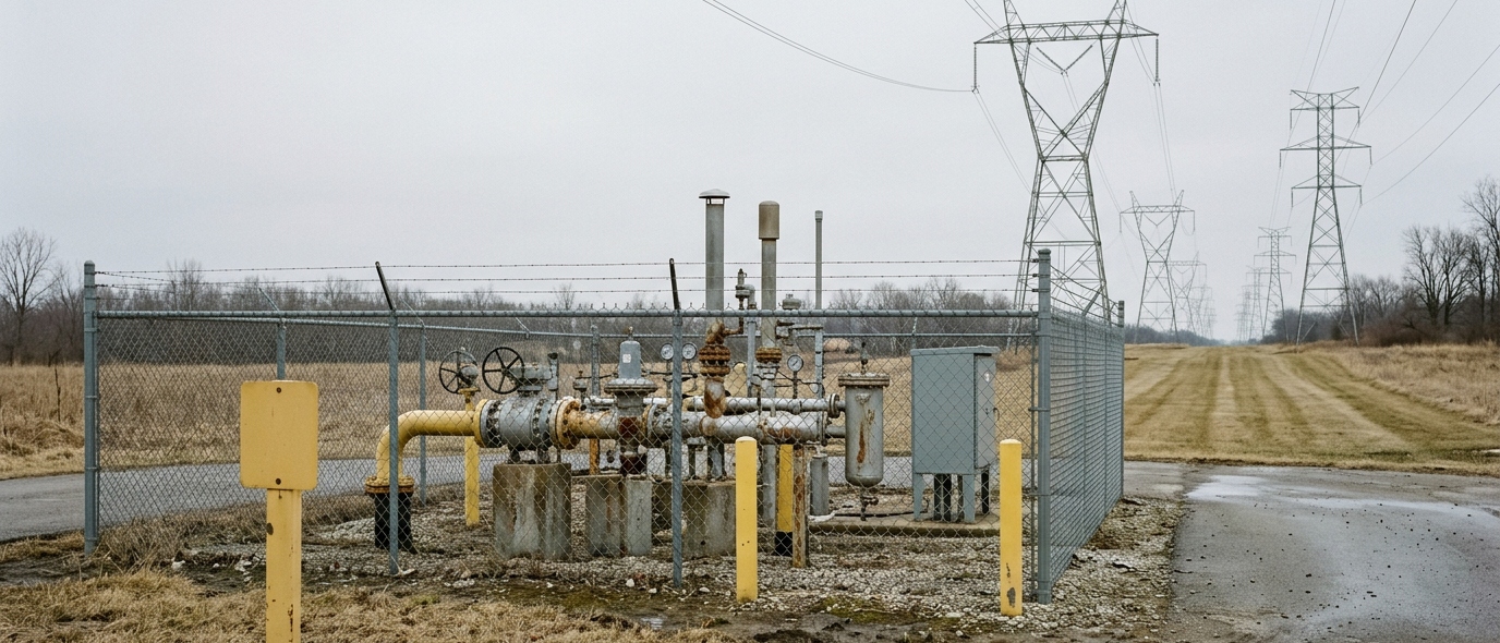 Natural gas metering and regulation station beside a high-voltage transmission corridor