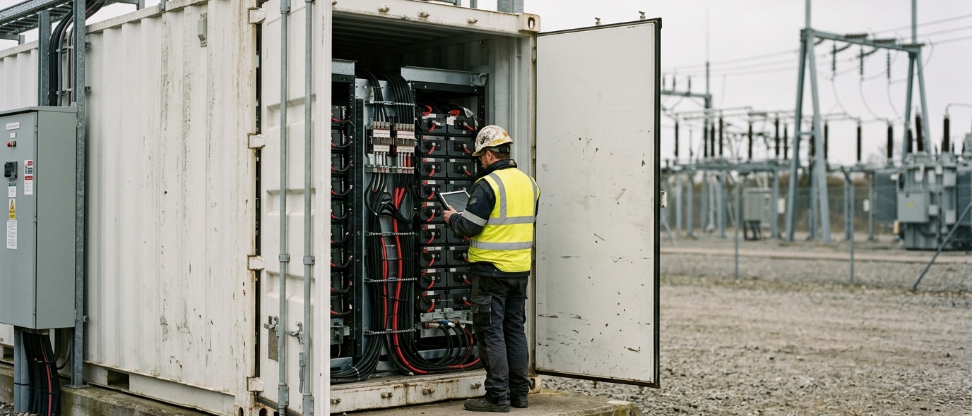 Technician inspecting battery racks inside a containerized battery energy storage system