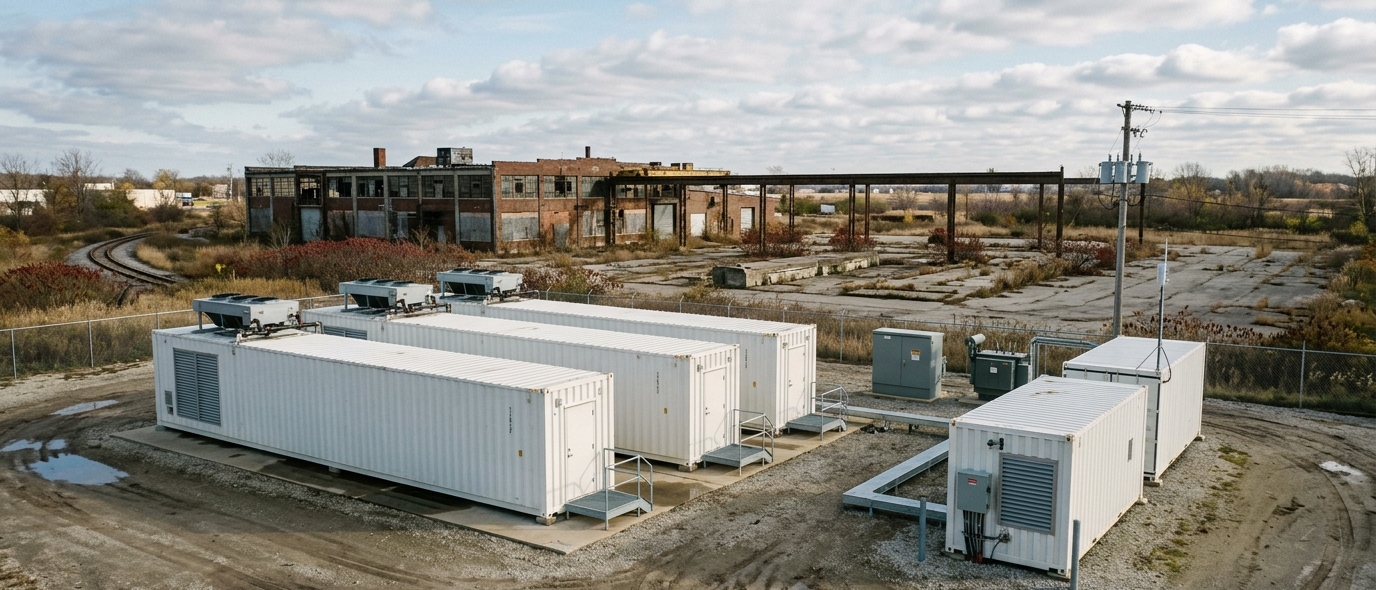 Containerized edge data center modules sited on a brownfield parcel next to a former industrial building